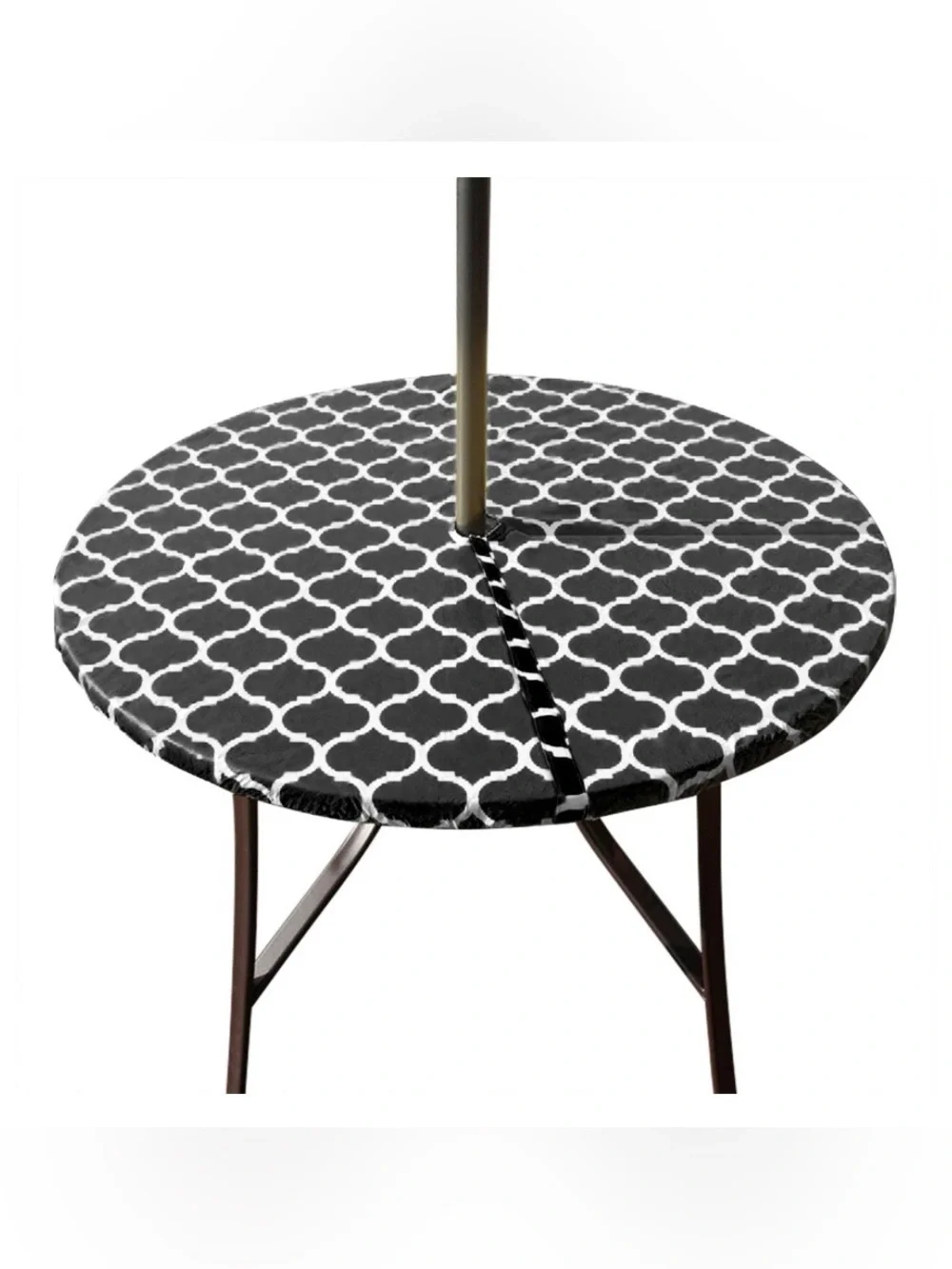 Outdoor Vinyl Tablecloth with Umbrella Hole Waterproof 40-44” ROUND BLACK WHITE
